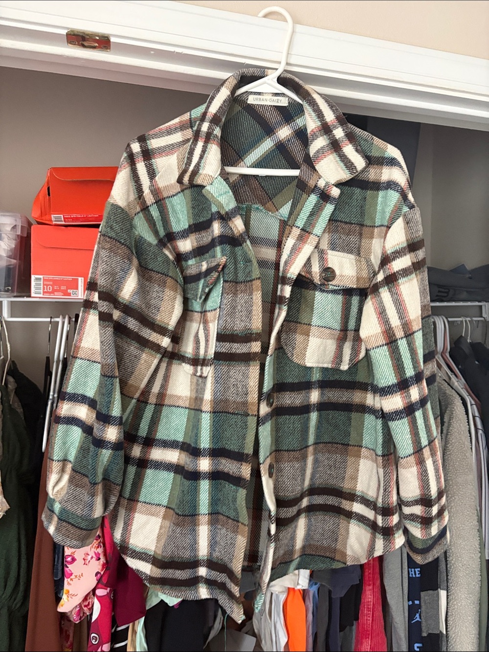 Urban Outfitters Mint, Cream & Brown Plaid Shacket